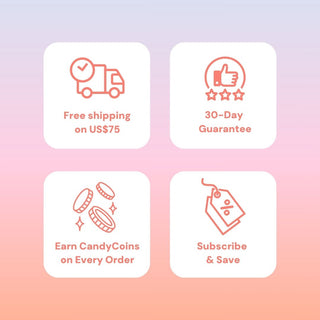 Free shipping on orders over $75, 30-day guarantee, earn CandyCoins on every order, subscribe and save – EyeCandys promo banner