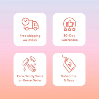 Free shipping on orders over $75, 30-day guarantee, earn CandyCoins on every order, subscribe and save – EyeCandys promo banner