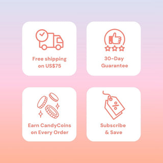 EyeCandys promotions – free shipping on orders over US$75, 30-day satisfaction guarantee, earn CandyCoins on every order, and subscribe & save for future purchases.