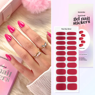 Hand wearing EyeCandys Red My Mind Gel Nail Sticker – timeless red nails with soft coral-pink undertones. Elegant and versatile DIY gel manicure, perfect for any season or outfit. Vegan, non-toxic, and long-lasting.