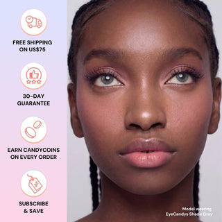 Model with dark skin tone wearing EyeCandys Shade Grey prescription colored lenses, close-up of eyes, soft grey tones enhancing natural beauty, comfortable fit