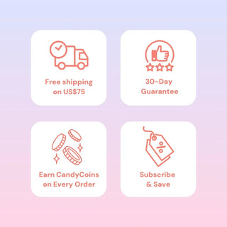 EyeCandys shopping benefits infographic highlighting free shipping on US$75, 30-day guarantee, CandyCoins rewards on every order, and subscribe & save discounts.
