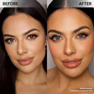 Before and after of model’s face wearing EyeCandys Sugarlook Blue prescription colored contact lenses, showing vibrant and natural blue eye transformation