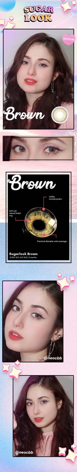 Model wearing Eyecandys Sugarlook Grey, Brown, and Green cosmetic prescription contacts, collage showing eye close-ups and macro lens details