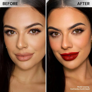 Before and after comparison of model wearing Eyecandys Sunlit Hazel colored prescription contact lens, natural-looking, vibrant hazel eyes, enhances eye appearance, cosmetic colored lenses, trending colored contacts 2025, comfortable daily wear
