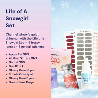 EyeCandys The Life of a Showgirl Set – includes Tangerine Cream, All That Glitters, and Mint Condition gel nail stickers, Doe Blue and Glossy Green contact lenses, and Dream Eye Lens Drops. Inspired by Taylor Swift’s era, the set delivers luminous, theatrical, and polished looks for nails and eyes.