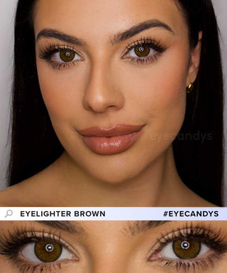 Model wearing the Eyelighter Brown colored contacts for astigmatism, wearing doe-eyed makeup and glam red lipstick. The bottom shows a closeup of her eyes adorned with the grey contacts for prescription, showing the eye-widening effect of the circle lens' limbal ring.