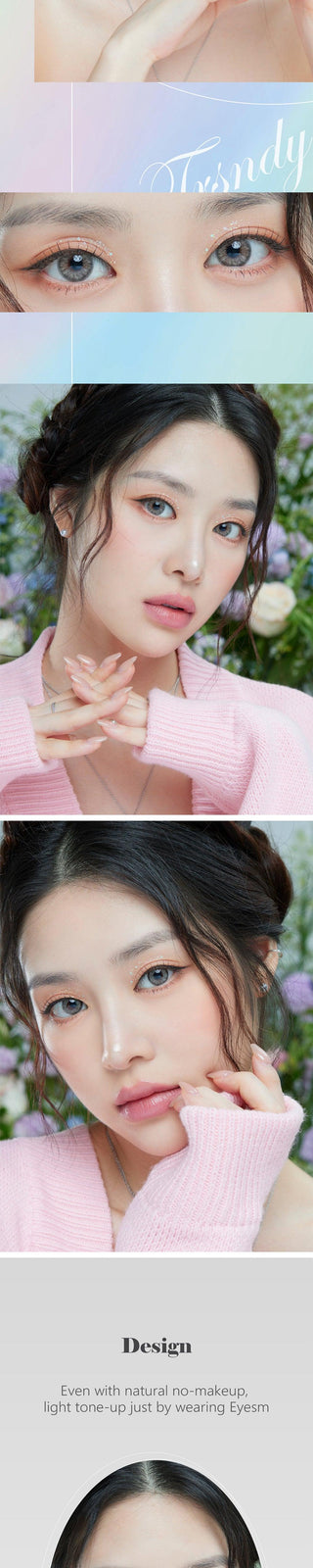 Several views of a Korean model with the Eyesm Sephia Grey color contact lenses. An enlargement of a model's eyes with the prescription colored contacts, demonstrating the subtle yet striking change on dark eyes.