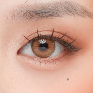 Close-up shot of model's eye adorned with Toffee Brown prescription colour contact lenses, complemented by clean eye makeup, showing the brightening effect of the prescription cosmetic contact lens on dark brown eyes.