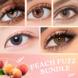 Peach Fuzz Bundle of 5 pairs of Color Contact Lenses, displayed by a collage of various peach, brown and pink colored contacts modelled on a variety of eyes and eye makeup styles