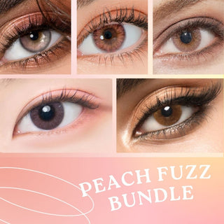 Peach Fuzz Bundle of 5 pairs of Color Contact Lenses, displayed by a collage of various peach, brown and pink colored contacts modelled on a variety of eyes and eye makeup styles