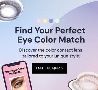 Banner showing the color eye contacts quiz on EyeCandys: on how to find the color contact lens matching your skintone, eye color and style preferences. The image shows  the result of an eye wearing a grey color contact lens worn on a dark eye, next to macro shots of various color contact lenses, showcasing the dotted designs and patterns, in pink and purple.