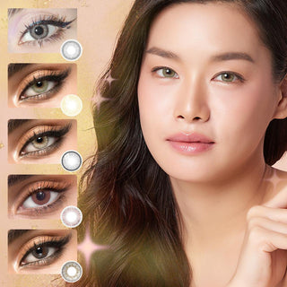 Collage of various color contact lenses in pink, grey, ivory (hazel), dark grey and light grey, showing the transformative effect over dark irises. On the right is a model wearing the Glossy Ivory looking color contact lens, showing the natural eye-lightening effect on her dark irises.