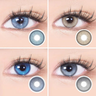 Close-up of eyes wearing EyeCandys Doe Blue, Doe Golden Brown, Bunnie Jelly Blue, and Bunnie Milky Ash Grey colored contact lenses, with each lens design shown beside. Ocean-inspired blue, warm honey-brown, translucent aqua, and silvery ash tones with soft limbal rings, natural-looking enhancement, and vibrant, luminous eyes.