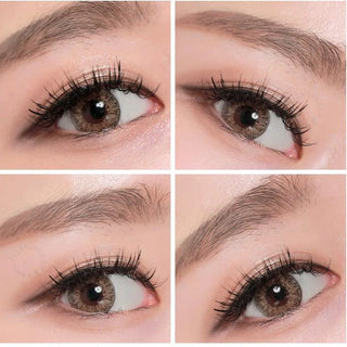 Collage  of multiple angled views of the Tri-Color Brown colour contact lens worn on one eye, paired with long lashes and neutral eye makeup, showing the brightening effect of the green contact lens on a dark iris.