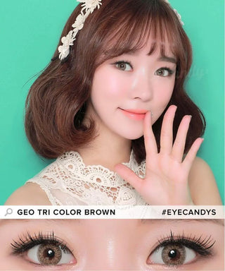 Model wearing the GEO Tri-Color Brown colored contact lenses for dark eyes, above a closeup of her eyes wearing the grey-brown colored contacts prescription, showcasing the natural yet transformative effect and pixel-detail.