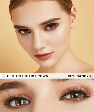 Model wearing the GEO Tri-Color Brown colored contact lenses for dark eyes, above a closeup of her eyes wearing the colored contacts prescription, showcasing the natural yet transformative effect and pixel-detail.