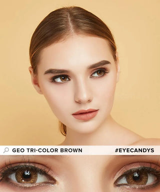 Model wearing the GEO Tri-Color Brown colored contact lenses for dark eyes, above a closeup of her eyes wearing the colored contacts prescription, showcasing the natural yet transformative effect and pixel-detail.