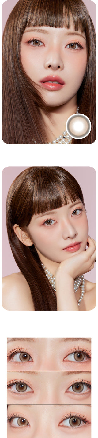 Two photos of the same Asian model showcasing EyeCandys Glint 1Day Brown prescription colored contact lenses from different angles. The third photo features a close-up of the model's eyes wearing the lenses, gazing in various directions.