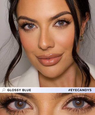 Model showcasing the vibrant color of EyeCandys Glossy Blue contact lenses on dark eyes with elegant makeup look, above a closeup cutout of the lenses on her eyes.