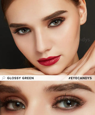 EyeCandys natural Green contacts featured on a Western model's eyes