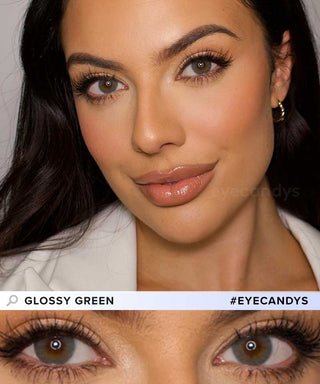 Model showcasing the vibrant color of EyeCandys Glossy Green Green contact lenses on dark eyes with elegant makeup look, above a closeup cutout of the lenses on her eyes.