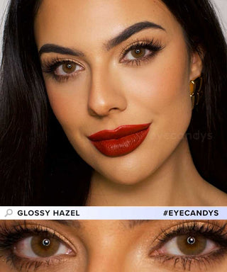 A female model with natural dark eyes wearing Eyecandys Glossy Hazel contact lenses, complemented by subtle eyeshadow and redlipstick and Close-up image showcases the model's eyes adorned with the same hazel contact lenses