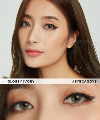 Asian model with brown hair wearing light brown contact lenses with peach eyeshadow on her naturally dark eyes, above a close-up of her eyes wearing the same lenses.