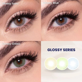 Collage of the 3 colors of the glossy colour contact lens series: glossy ivory, blue, and green colour eye contacts on dark brown eyes. 