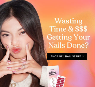 Model Posing with Index Fingers on Cheeks, Showcasing EyeCandys Gel Nail Stickers – Long-Lasting 2-3 Weeks, Quick 10-Min Application, Allergy-Friendly 7-Free Formula, Sunlight-Curable, Strengthens & Promotes Natural Nail Growth – Perfect for Valentine's Glam & Effortless Beauty.