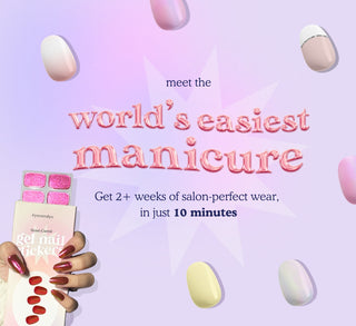 EyeCandys Gel Nail Stickers – hand holding the packaging with close-up views of multiple gel nail sticker designs in pastel, metallic, and glitter shades. Easy DIY salon-quality manicure, vegan, non-toxic, and long-lasting for trendy 2025 nails.