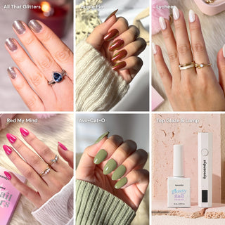 EyeCandys Apple Pie, All That Glitters, Lychee, Red My Mind, and Avo-Cat-O gel nail stickers with top glaze and UV lamp. Full set showcasing vibrant, trendy designs, glossy finish, and easy application for salon-quality nails at home.