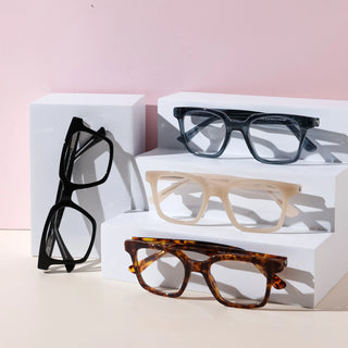 Eyecandys Hotshot Unisex Square Acetate Glasses in Tortoiseshell, Pink, Black, and Blue with full-frame design. Stylish and sturdy, these frames are perfect for everyday wear and modern fashion