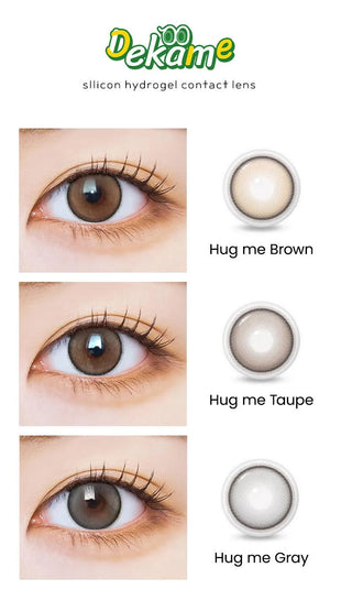 Model showcasing the natural look using i-Sha Dekame Hug Me Taupe prescription colored contact lenses, above a closeup of a pair of eyes enhanced and widened by the circle lenses.