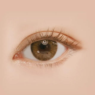 Macro shot of an eye wearing the i-Sha Holy Holic Brown prescription colour contact lens, showing the multi-colored detail and natural effect on dark brown eyes.