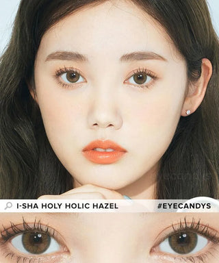 Model showcasing the natural look using i-Sha Holy Holic Hazel prescription colored contact lenses, above a closeup of a pair of eyes enhanced and widened by the circle lenses.