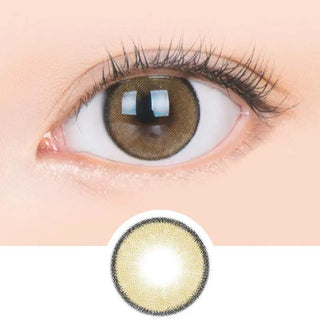 Macro shot of an eye wearing the i-Sha Jadey Stone Brown prescription colour contact lens, showing the multi-colored detail and natural effect on dark brown eyes, with clean eye makeup. At the bottom is the pattern of the colored lens design, showing the dotted detail and pigmentation.