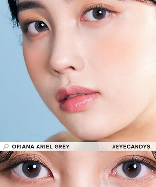 Model showcasing the natural look using i-Sha Ariel Grey prescription colored contact lenses, above a closeup of a pair of eyes enhanced and widened by the circle lenses.