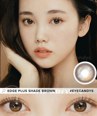 Model showcasing the natural look using i-Sha Oriana Edge Plus 1-Day Shade Brown (10pk) prescription colored contact lenses, above a closeup of a pair of eyes enhanced and widened by the circle lenses.