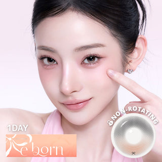 Model wearing reborn gray contact lenses with lens sample below.