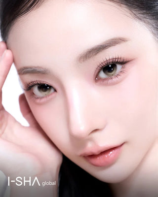 Beauty portrait of a woman wearing gray-latte contact lenses with soft makeup