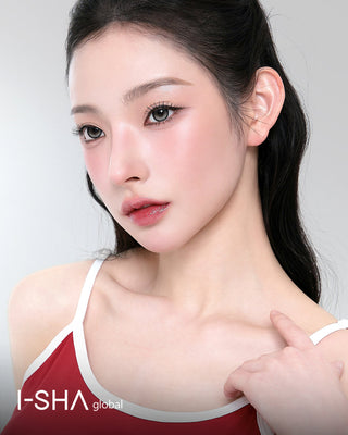 Model wearing i-SHA Reborn Red 1-Day Milky Gray (10pk) colored contact lenses from EyeCandys