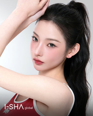 Model wearing i-SHA Reborn Red 1-Day Milky Gray (10pk) colored contact lenses from EyeCandys