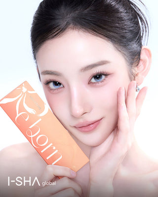 Model wearing reborn gray contact lenses with lens sample below with pink light makeup.