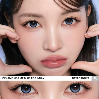Model with natural makeup and long lashes wearing EyeCandys i-Sha Dekame Kiss Me 1-Day Blue Pop colored contact lenses, close-up of her eyes showing the vibrant blue lens effect