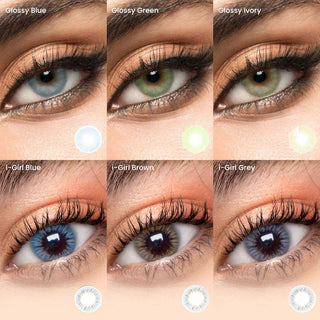 Variety of EyeCandys natural blue, green, hazel and grey coloured contact lenses, each worn with a peach eye makeup on a separate eye.