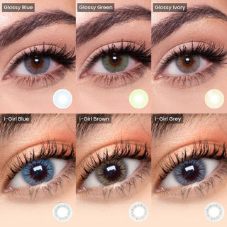 Variety of EyeCandys natural blue, green, hazel and grey coloured contact lenses, each worn with a peach eye makeup on a separate eye.