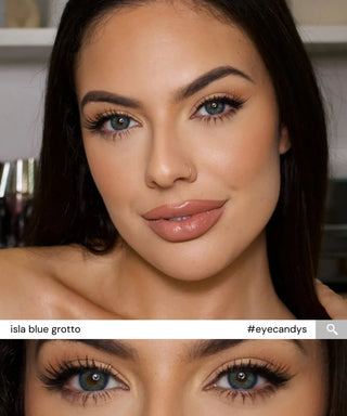 Collage of Monica wearing EyeCandys Isla Blue Grotto prescription colored contact lenses, showing full-face and close-up eye shots – vibrant blue color contact lenses for a natural, captivating look.