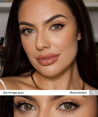 Collage of Monica wearing EyeCandys Isla Mirage Grey prescription colored contact lenses, featuring full-face and close-up eye shots – soft grey color contact lenses for a striking yet natural look.