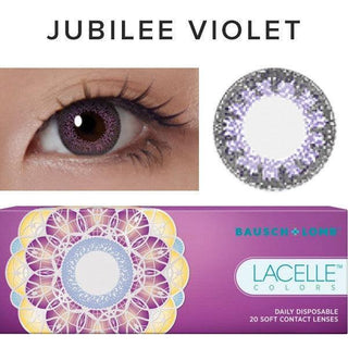 collage showing Close-up shot of a model eye wearing Lacelle Colors Jubilee Violet colored contact lens in one eye that is naturally dark-brown with natural eye make up and lashes, Single Lacelle Colors Jubilee Violet contact lens on a white surface showing the pixel detail. and the box/packaging of Lacelle Colors Jubilee Violet (30pk)